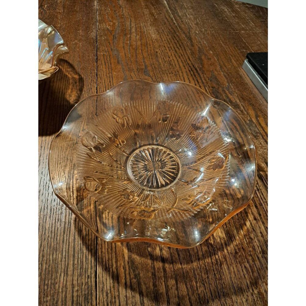 Vintage Jeanette Iris Herringbone Marigold Carnival Glass Ruffled Serving Bowl